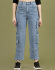 Women Blue High-Rise Clean Look Cotton Cargo Style Jeans