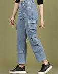 Women Blue High-Rise Clean Look Cotton Cargo Style Jeans