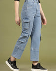 Women Blue High-Rise Clean Look Cotton Cargo Style Jeans