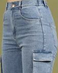 Women Blue High-Rise Clean Look Cotton Cargo Style Jeans