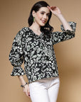Black Floral Printed V-Neck Puff Sleeves Top