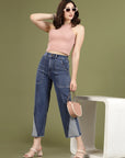 Women Blue High-Rise Clean Look Frayed Hem Cotton Jeans