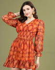 Print Puff Sleeve Fit & Flare Dress