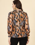 Orange Spread Collar Semi Sheer Printed Casual Buttoned Top