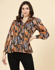 Orange Spread Collar Semi Sheer Printed Casual Buttoned Top