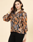 Orange Spread Collar Semi Sheer Printed Casual Buttoned Top