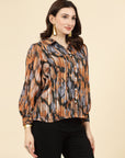 Orange Spread Collar Semi Sheer Printed Casual Buttoned Top