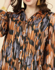Orange Spread Collar Semi Sheer Printed Casual Buttoned Top