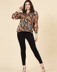 Orange Spread Collar Semi Sheer Printed Casual Buttoned Top