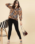 Orange Spread Collar Semi Sheer Printed Casual Buttoned Top