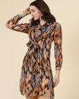 Abstract Print Cuffed Sleeves Shirt Style Dress - CINK