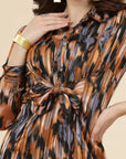 Abstract Print Cuffed Sleeves Shirt Style Dress