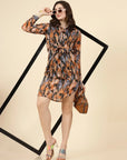 Abstract Print Cuffed Sleeves Shirt Style Dress - CINK
