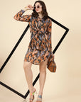 Abstract Print Cuffed Sleeves Shirt Style Dress