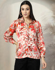 Women Beige Floral Opaque Printed Casual Buttoned Top