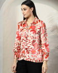 Women Beige Floral Opaque Printed Casual Buttoned Top