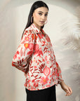 Women Beige Floral Opaque Printed Casual Buttoned Top