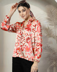 Women Beige Floral Opaque Printed Casual Buttoned Top