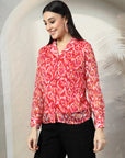 Women Pink Floral Opaque Printed Casual Buttoned Top