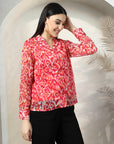 Women Pink Floral Opaque Printed Casual Buttoned Top