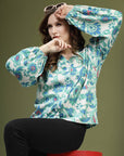 Green White Floral Printed Shirt Style Top