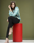 Green White Floral Printed Shirt Style Top