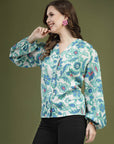 Green White Floral Printed Shirt Style Top