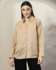 Women Beige Opaque Casual Cotton Buttoned Top