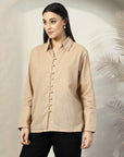Women Beige Opaque Casual Cotton Buttoned Top