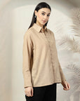 Women Beige Opaque Casual Cotton Buttoned Top