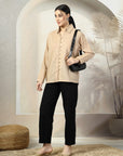Women Beige Opaque Casual Cotton Buttoned Top