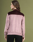 Solid Pink Self Design Spread Collar Bomber Jacket