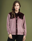 Solid Pink Self Design Spread Collar Bomber Jacket
