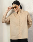 Women Beige Opaque Casual Cotton Buttoned Top