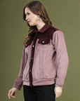 Solid Pink Self Design Spread Collar Bomber Jacket