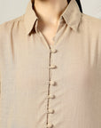 Women Beige Opaque Casual Cotton Buttoned Top