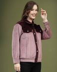Solid Pink Self Design Spread Collar Bomber Jacket