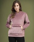 Pink Solid Hooded Long Sleeves Pullover Sweatshirt