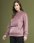 Pink Solid Hooded Long Sleeves Pullover Sweatshirt
