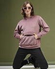 Pink Solid Hooded Long Sleeves Pullover Sweatshirt