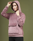 Pink Solid Hooded Long Sleeves Pullover Sweatshirt