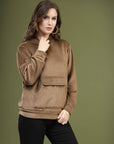 Brown Solid Hooded Long Sleeves Pullover Sweatshirt