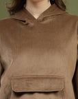 Brown Solid Hooded Long Sleeves Pullover Sweatshirt