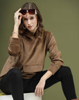 Brown Solid Hooded Long Sleeves Pullover Sweatshirt