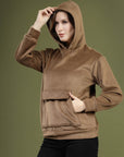 Brown Solid Hooded Long Sleeves Pullover Sweatshirt