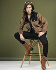Solid Brown Self Design Spread Collar Bomber Jacket