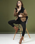 Solid Brown Self Design Spread Collar Bomber Jacket