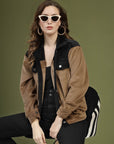 Solid Brown Self Design Spread Collar Bomber Jacket