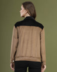 Solid Brown Self Design Spread Collar Bomber Jacket