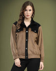 Solid Brown Self Design Spread Collar Bomber Jacket